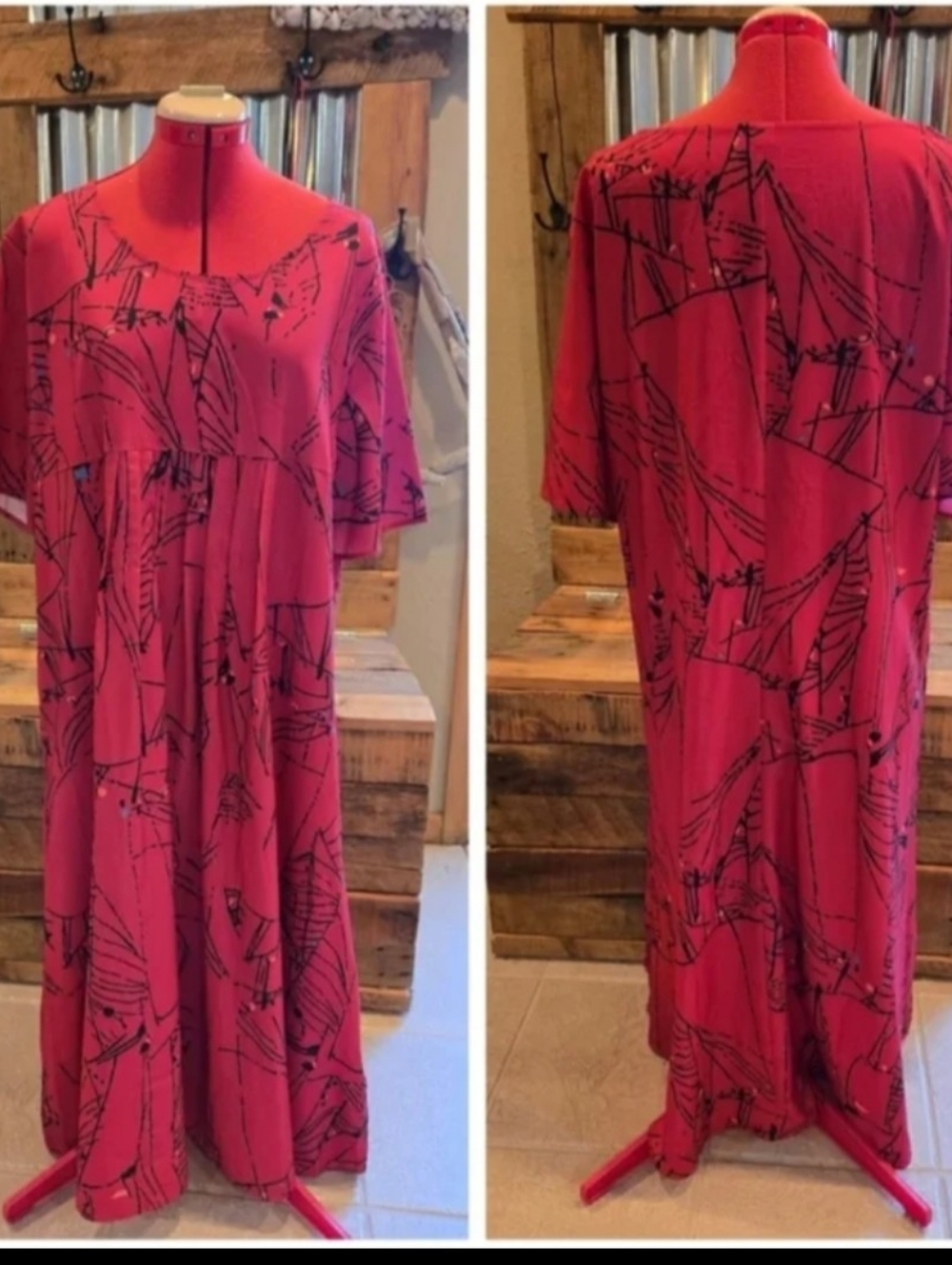 Red Babydoll Maxi Dress 2XL Grafitti Pattern Short Sleeve - Picture 2 of 4
